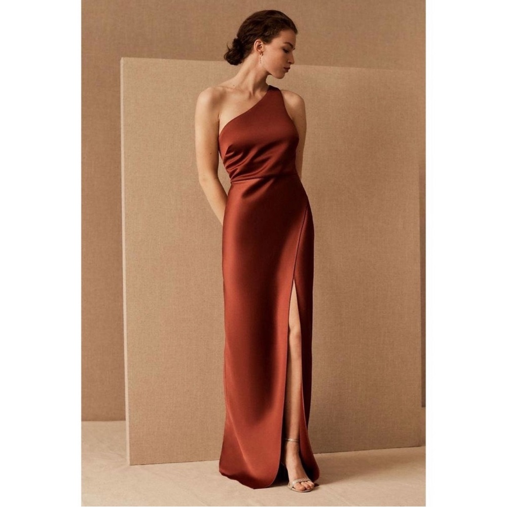 BHLDN Dylan One-Shoulder Satin Gown in Cinnamon (worn once dry cleaned)